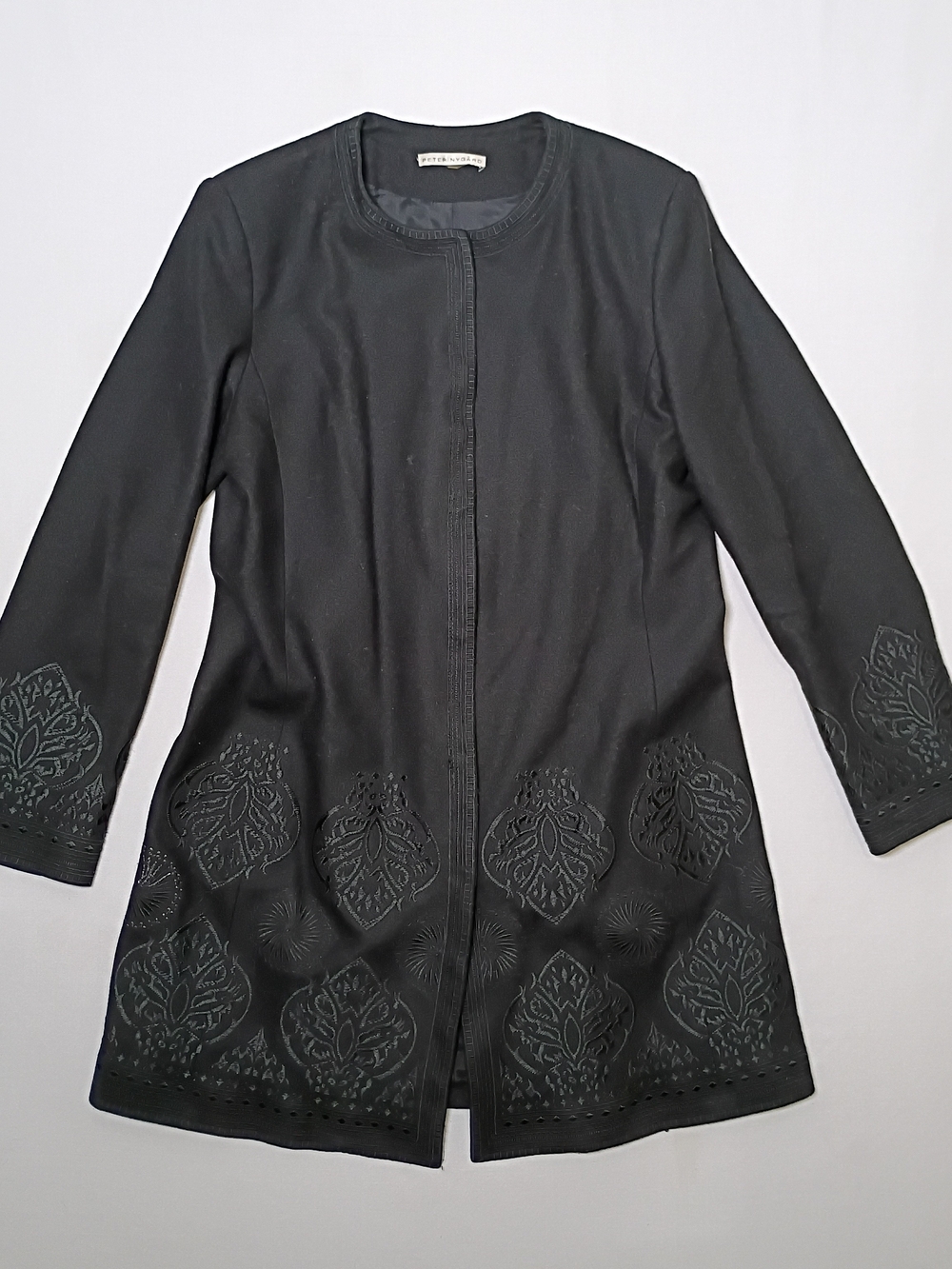 Peter Nygard Wool Blend Long Coat Large Black Paisley Tonal Hem Embroidery